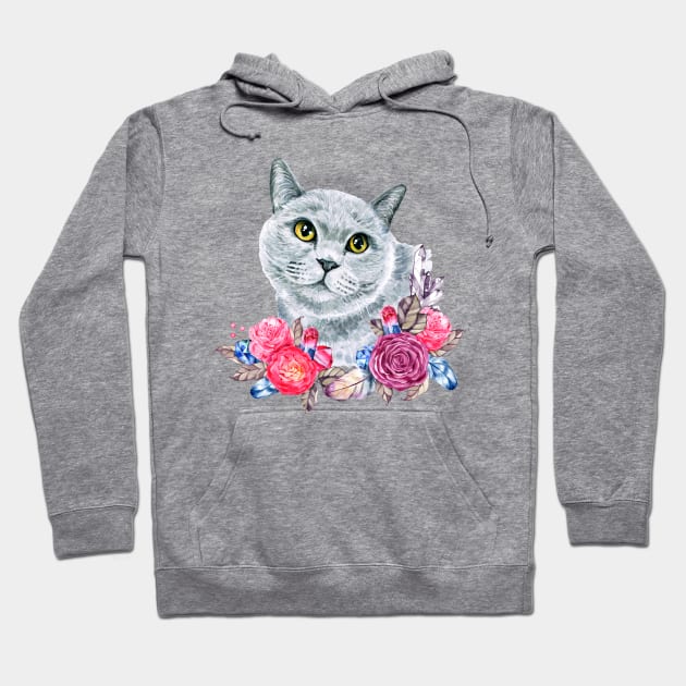 Cute Russian Blue Cat with Roses Watercolor Art Hoodie by AdrianaHolmesArt